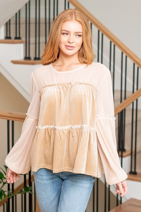 'Tis The Season Velvet Tiered Blouse - Taupe Clean Edge Trim Lightweight Weave
