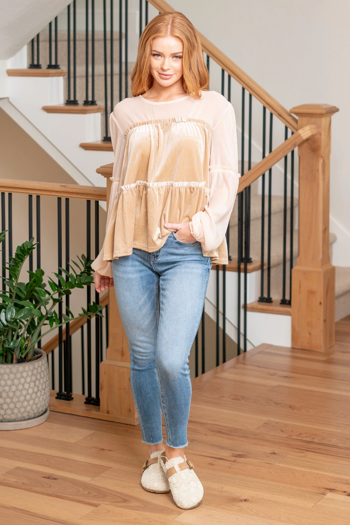 'Tis The Season Velvet Tiered Blouse - Taupe All-Season Wear