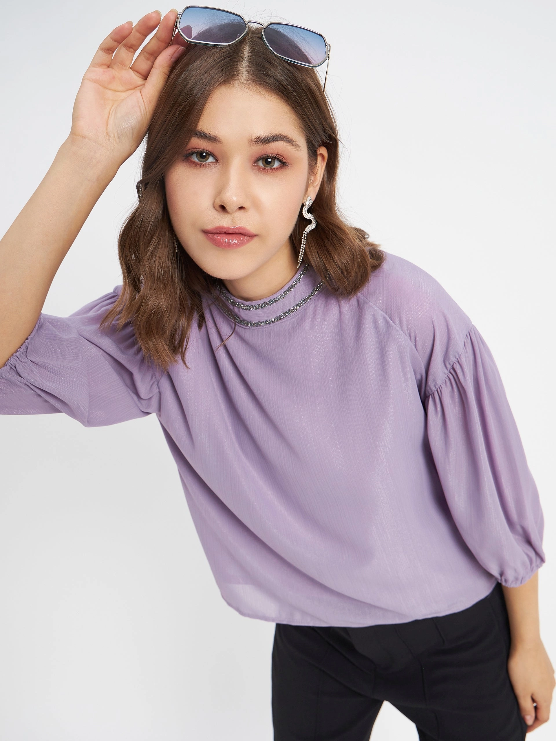 Madame Embellished Neckline Turtle Neck Solid Mauve Top ButtonFront