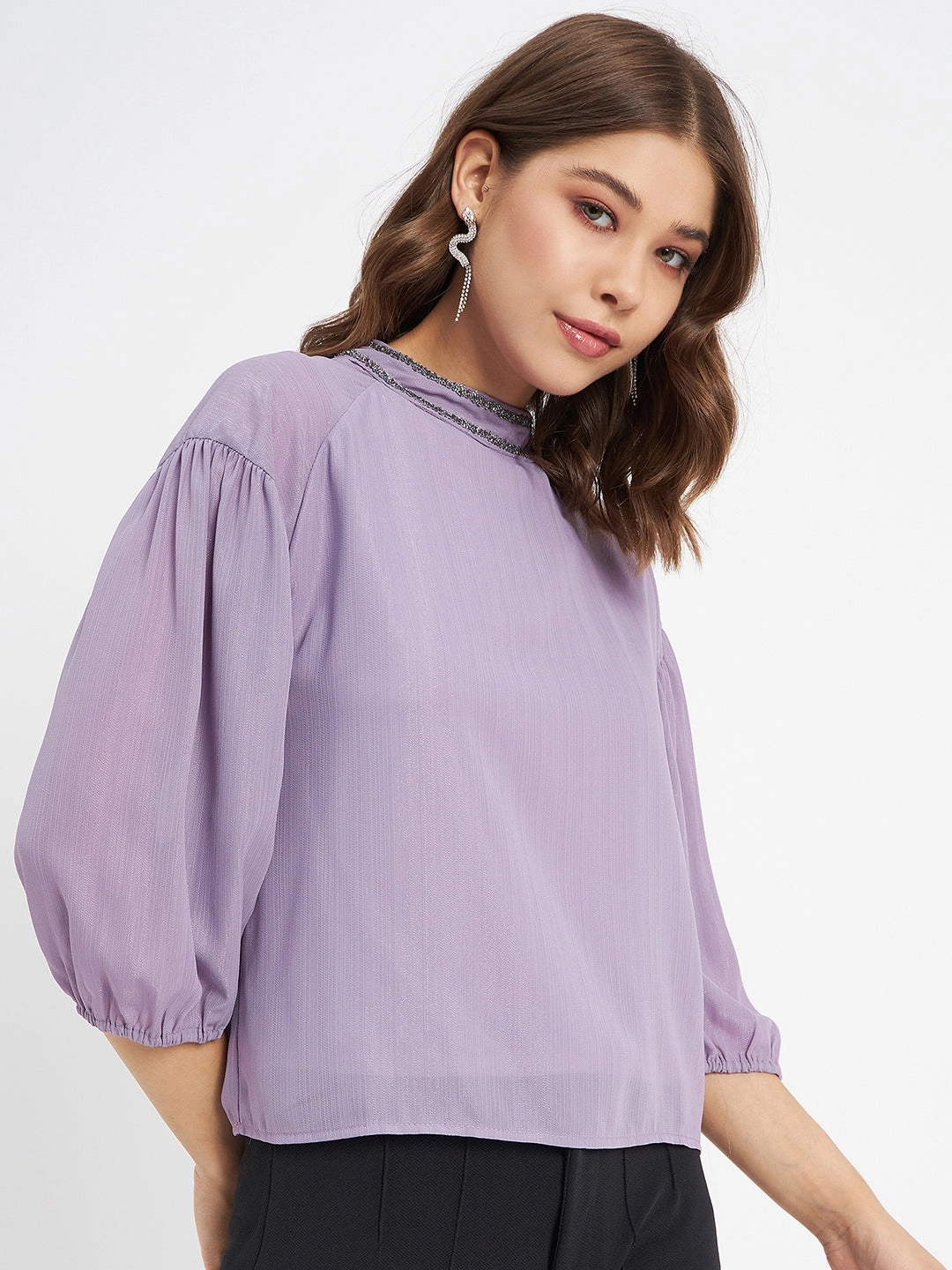 Madame Embellished Neckline Turtle Neck Solid Mauve Top Reflective Trim
