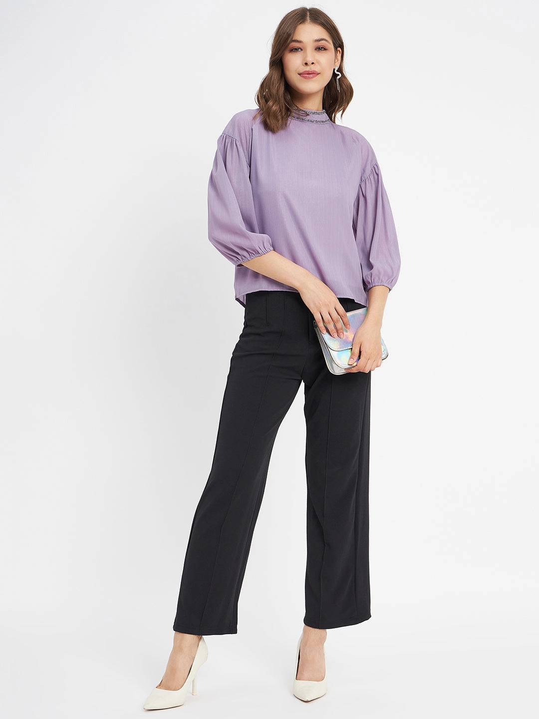 HeavyweightThermal Printed top Madame Embellished Neckline Turtle Neck Solid Mauve Top