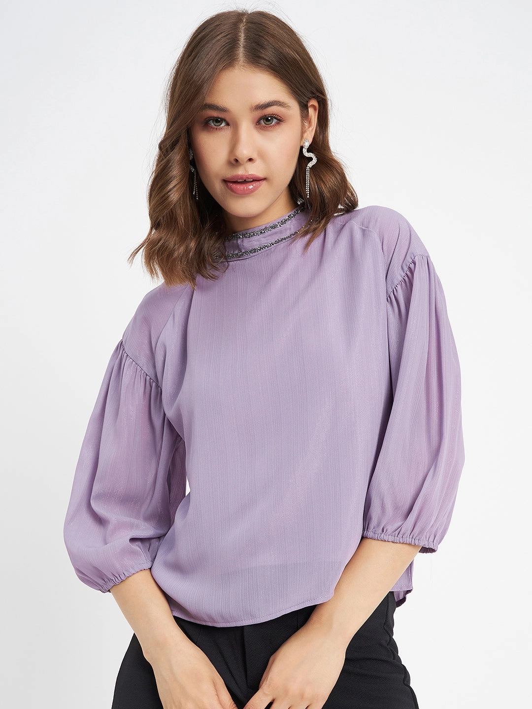 Madame Embellished Neckline Turtle Neck Solid Mauve Top YarnDyeStripe