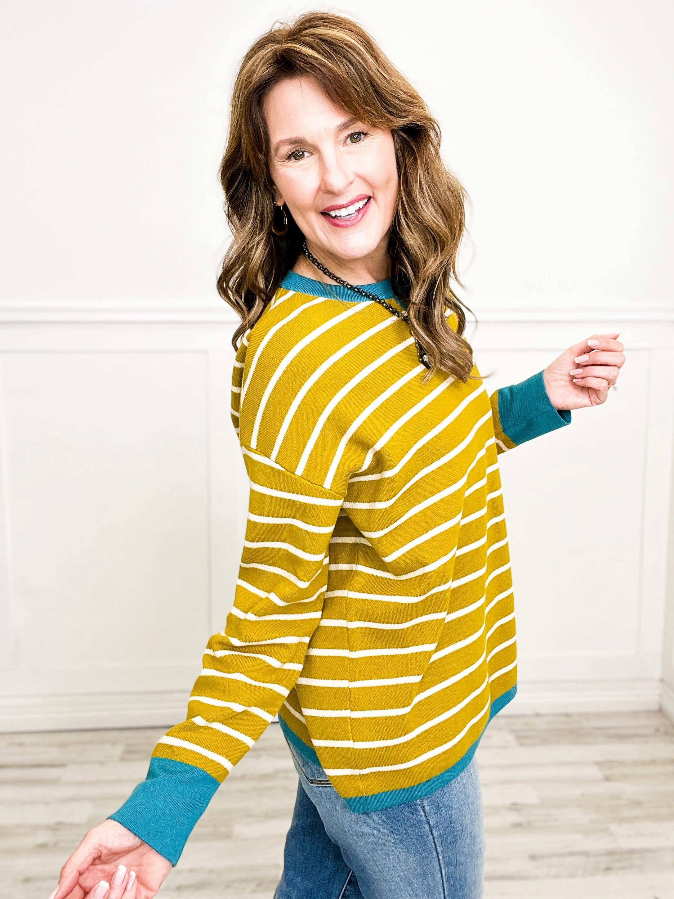 Oversized Knit Striped Color Contrast Crew Neck Long Sleeve Pullover Sweater Cozy and Soft