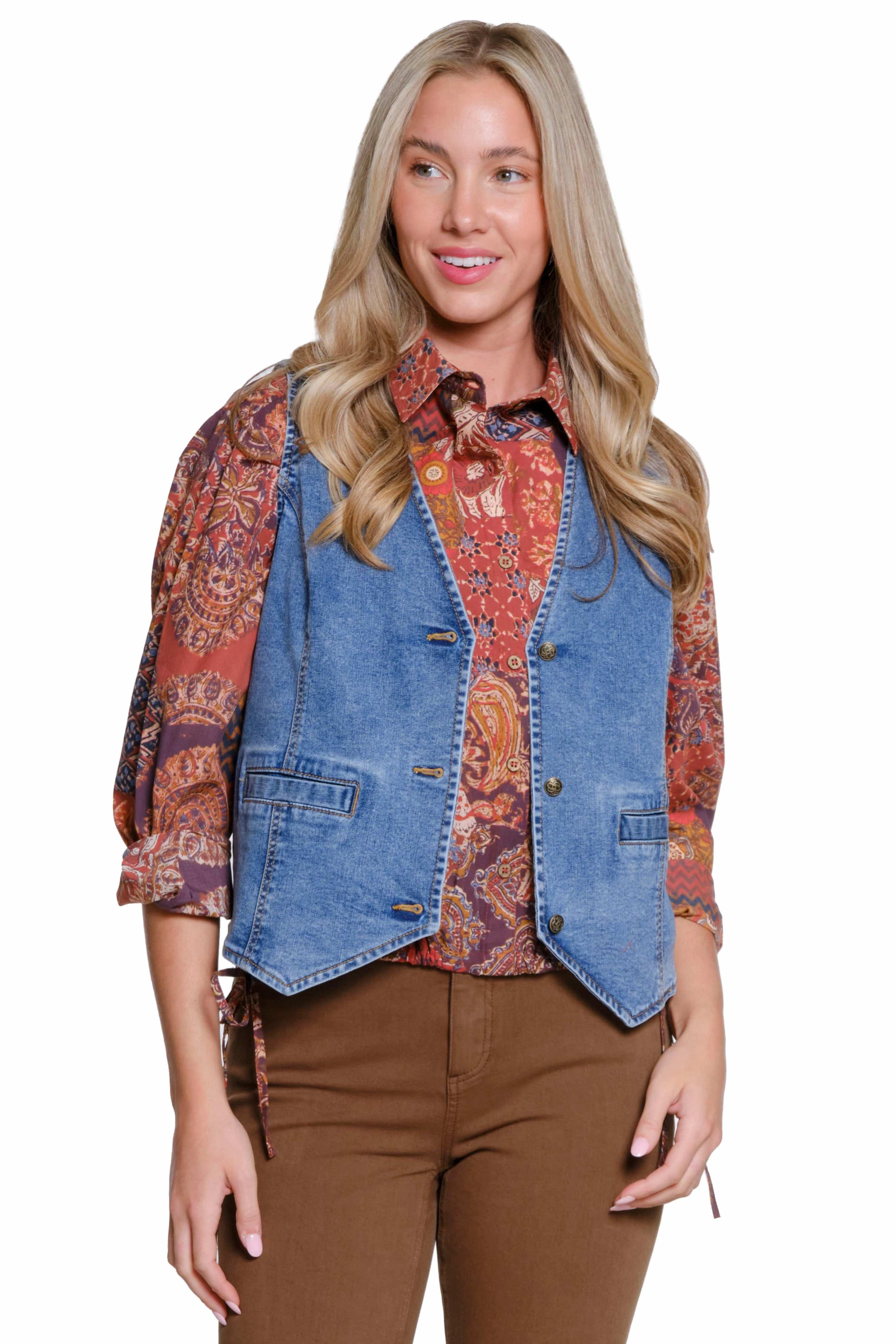 Denim Vest - Medium Indigo Bamboo Derived Material Double Stitched Hem