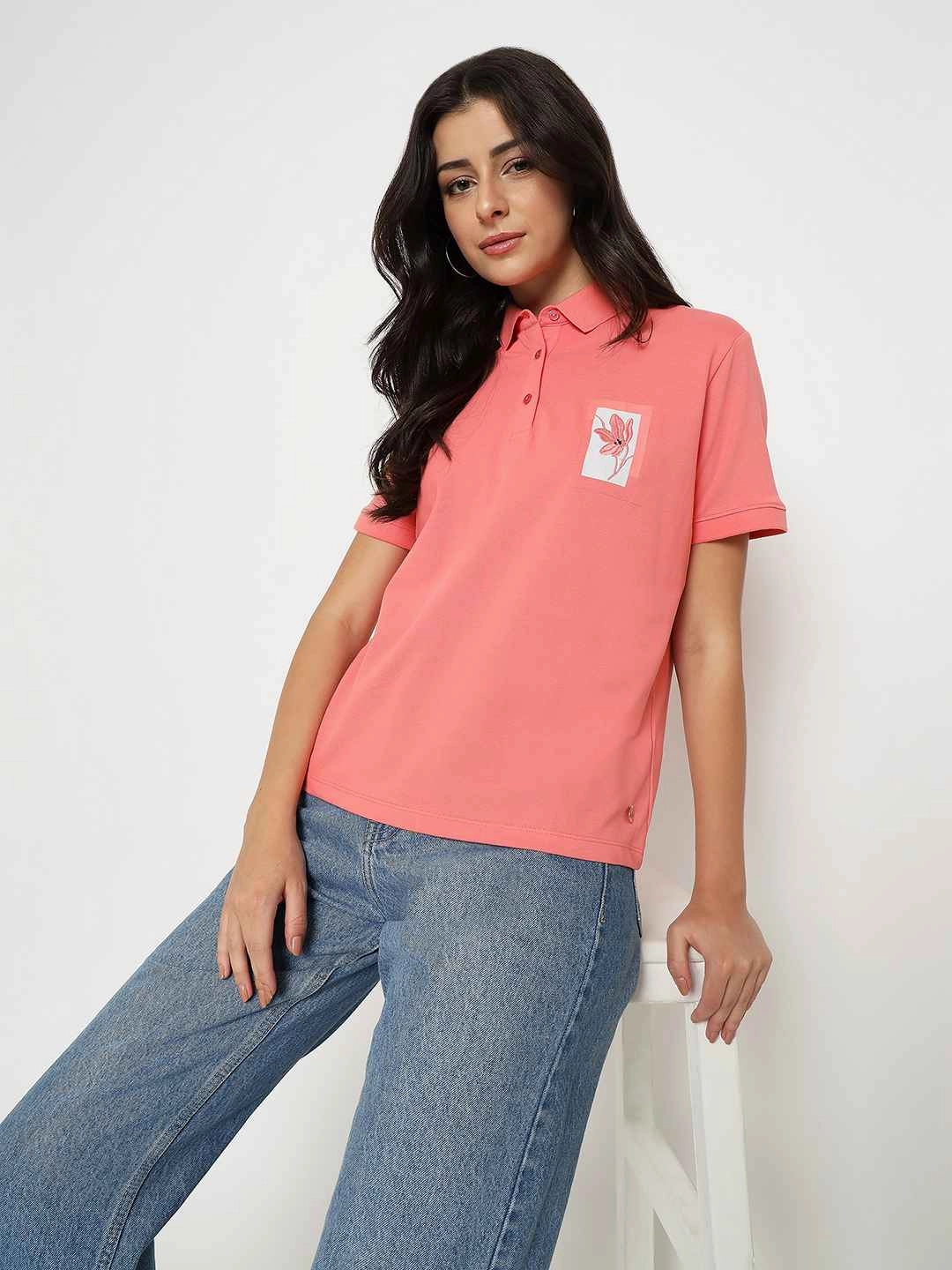 Madame Graphic Print Adorned Cotton Blend Coral Polo T-shirt Recycled Polyester Fabric TemperatureRegulating Material