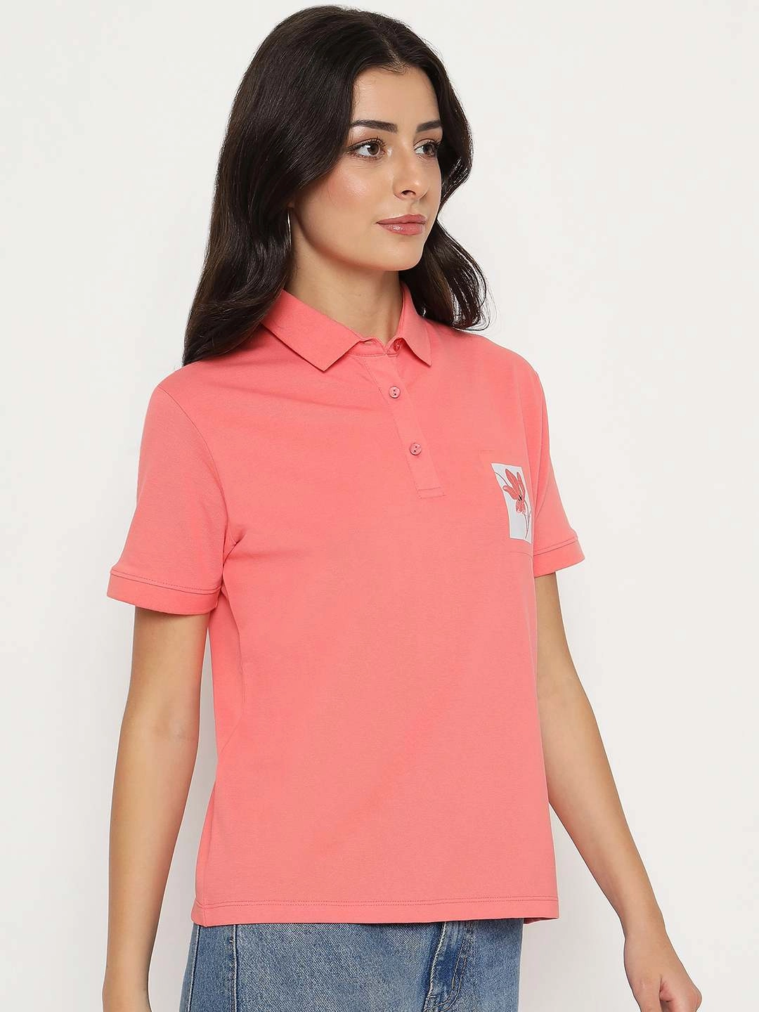 FoldableFeature Madame Graphic Print Adorned Cotton Blend Coral Polo T-shirt