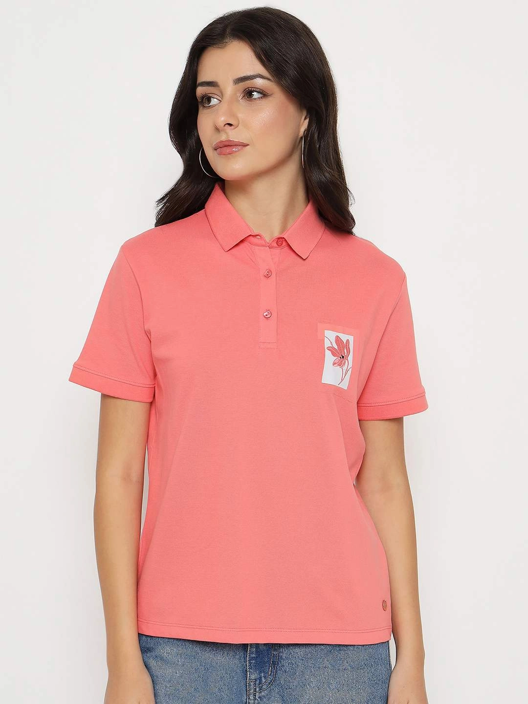 Madame Graphic Print Adorned Cotton Blend Coral Polo T-shirt Quick Dry Performance