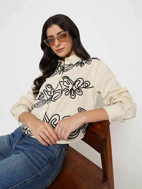 Madame Dori Embroidered Beige Cotton Shirt Athletic Look