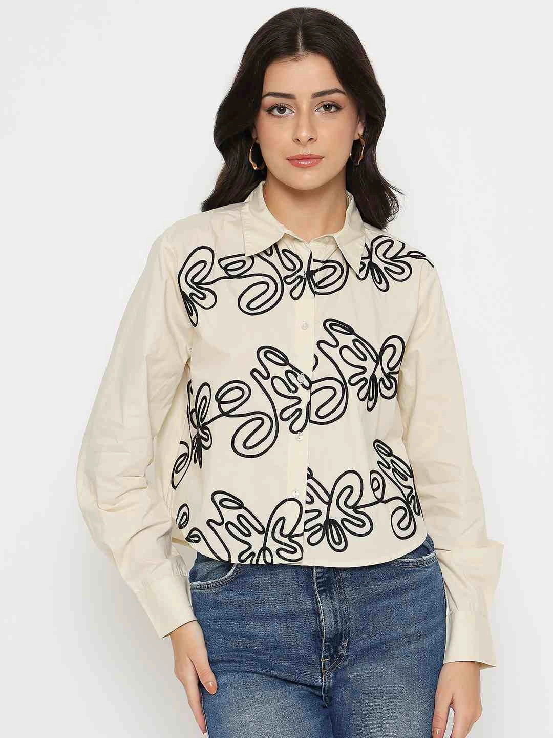 Madame Dori Embroidered Beige Cotton Shirt Denim Blend First Date