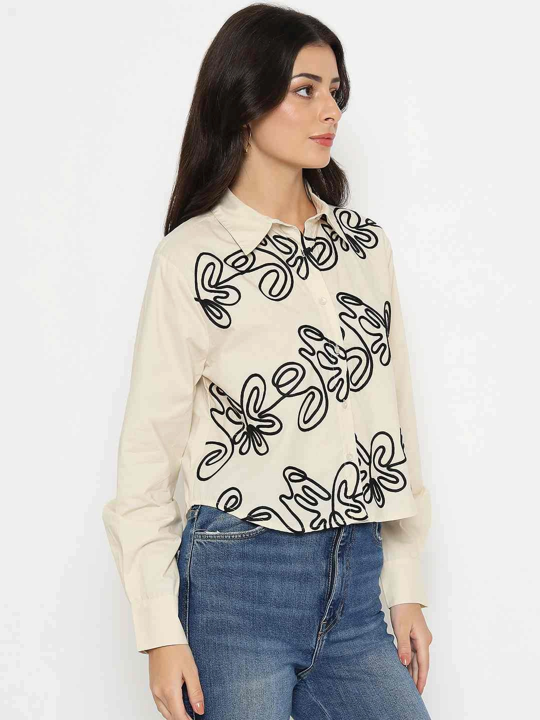 high-low hem Weekend Adventure Madame Dori Embroidered Beige Cotton Shirt