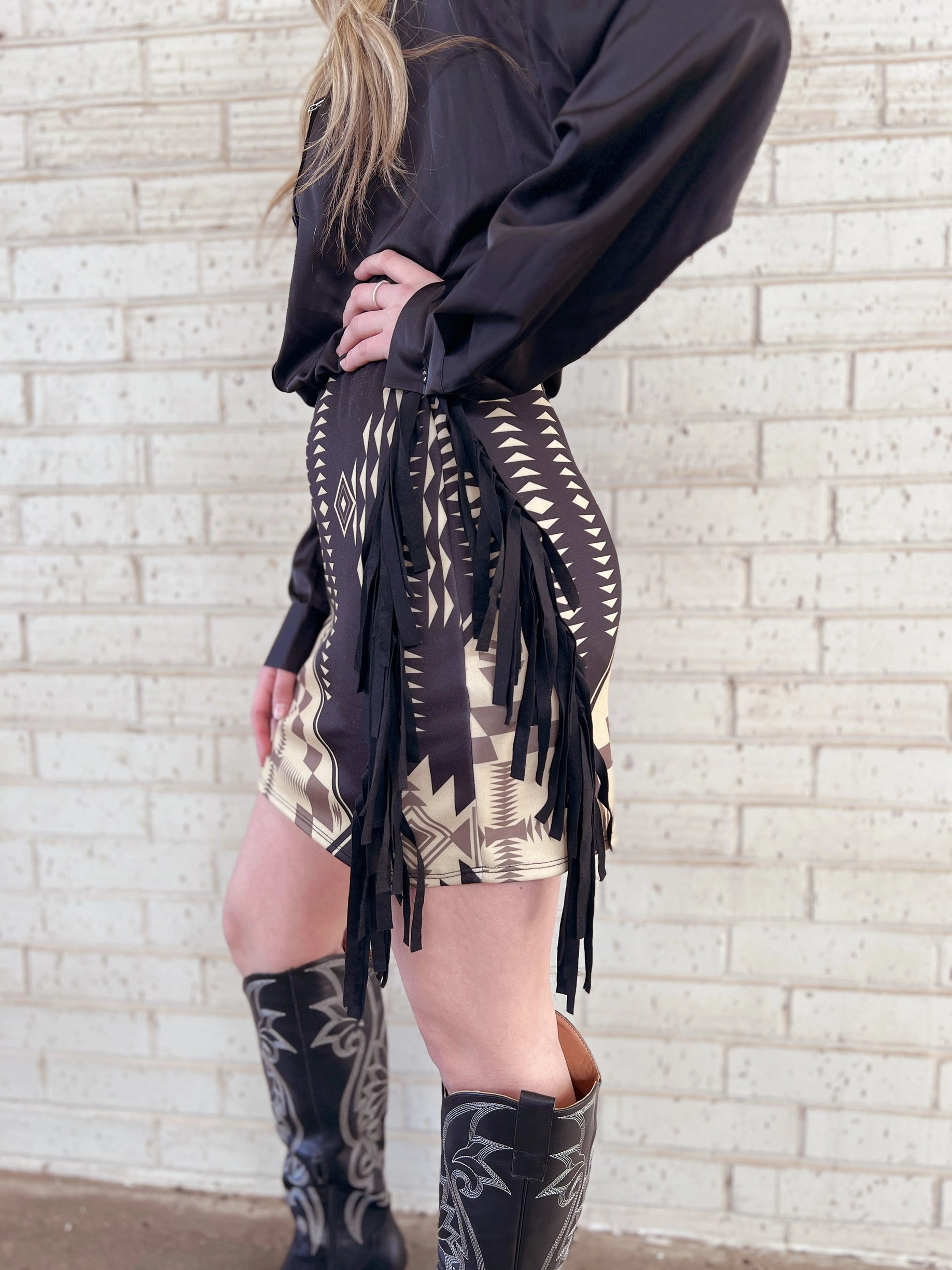 Aztec Printed Double Side Fringe Skirt MoistureWicking Stretchable Design