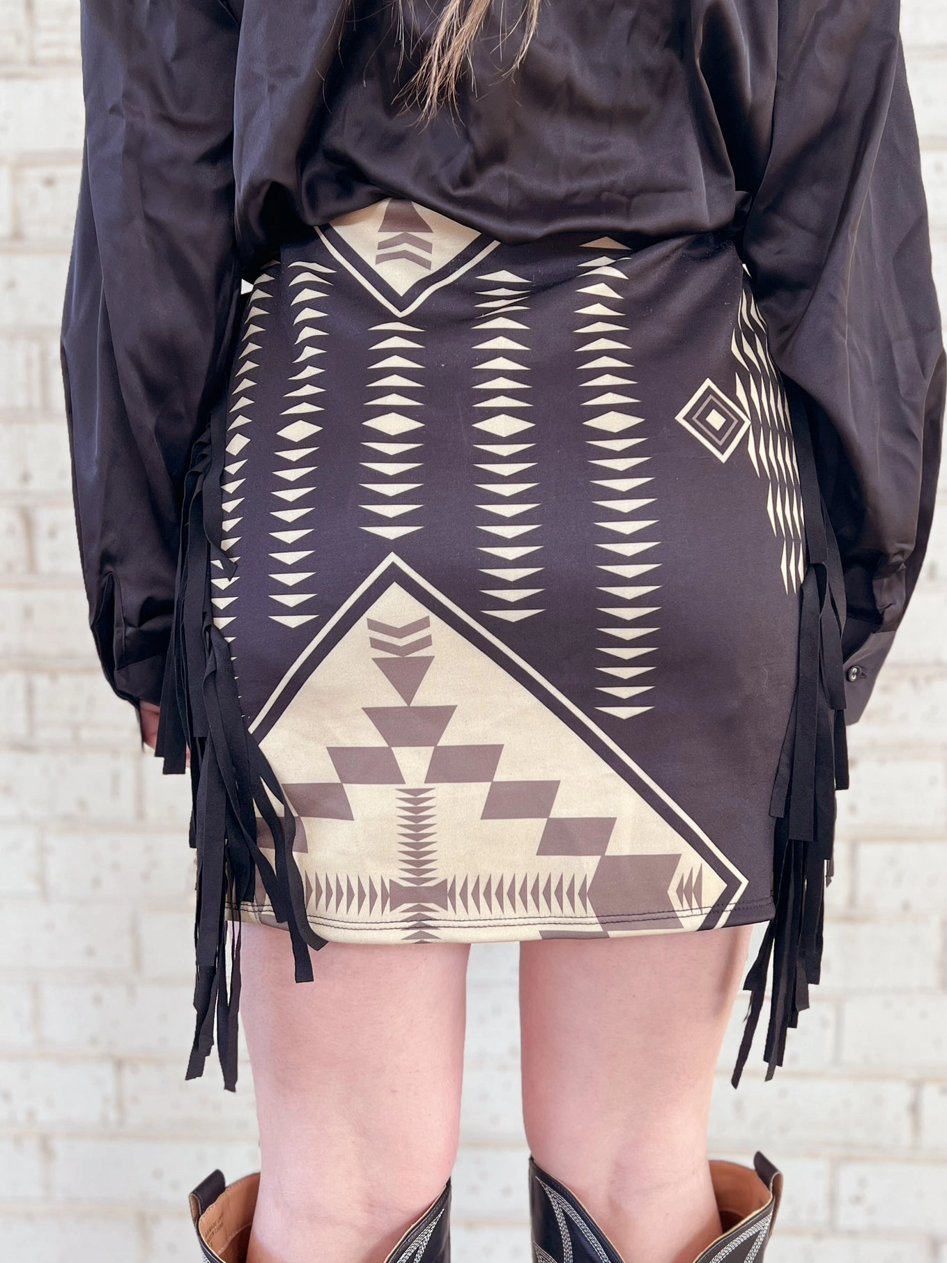 Aztec Printed Double Side Fringe Skirt Frayed hem