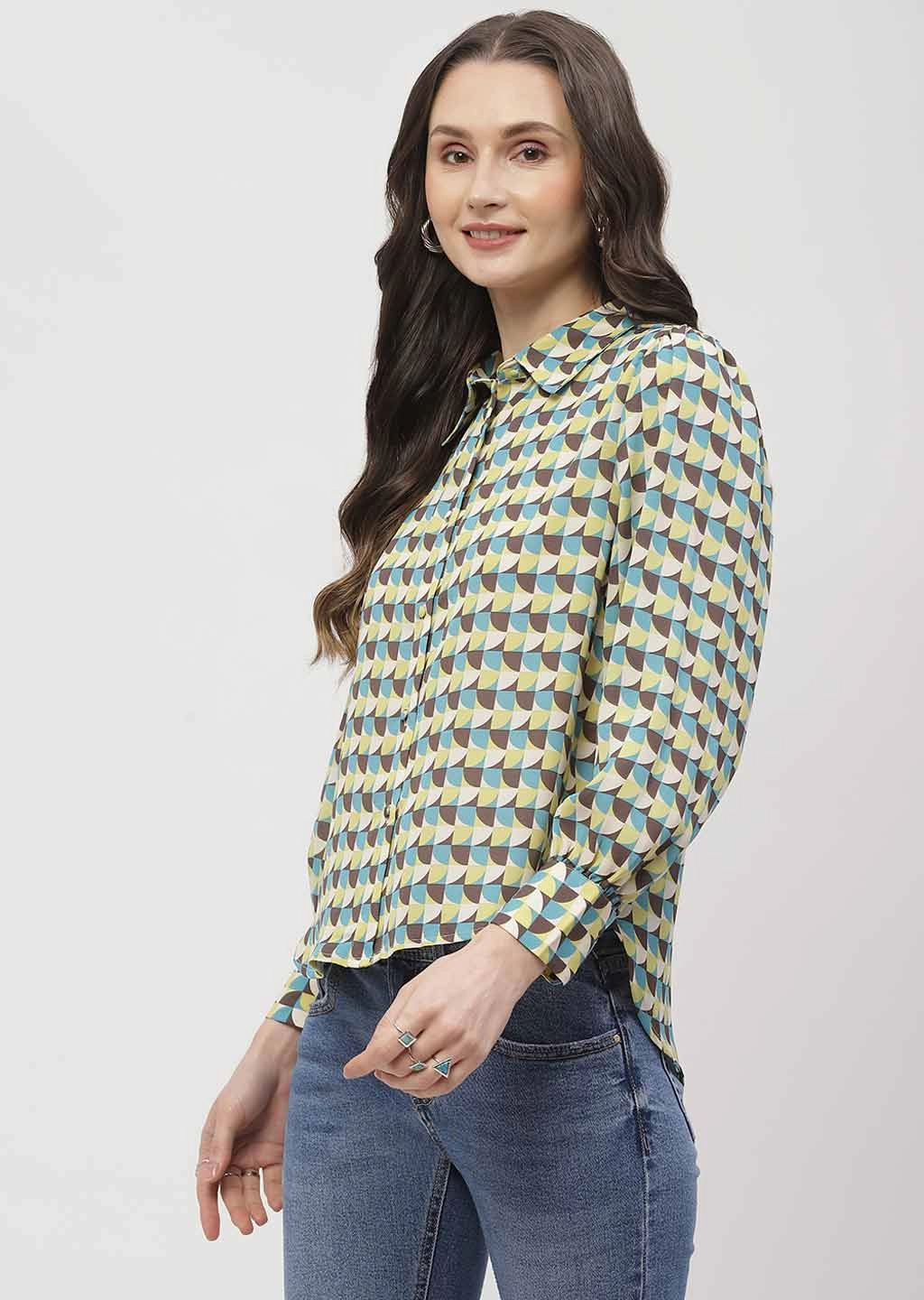 Madame Geometric Print Apple Green Regular Shirt Low Maintenance Relaxed Comfort