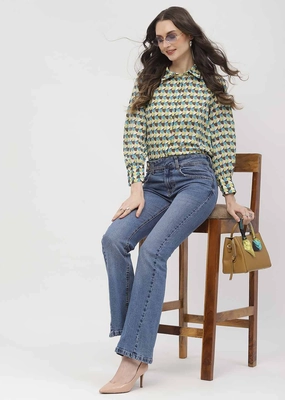 Madame Geometric Print Apple Green Regular Shirt Brunch Outfit Embellished Neckline