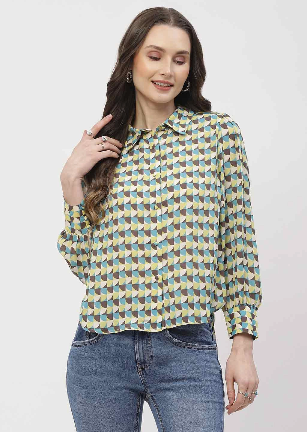 Madame Geometric Print Apple Green Regular Shirt Relaxed Look