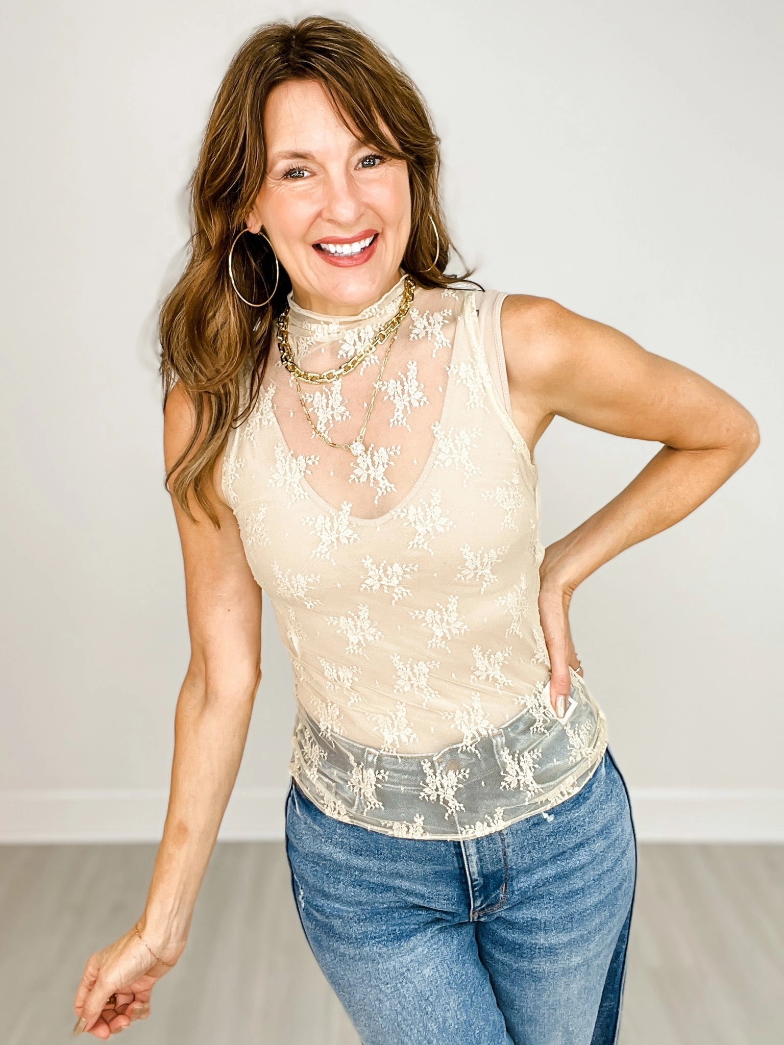 Cozy Sweatshirt WindproofBarrierTechnology High Neck Sheer Mesh Lace Fitted Knit Top