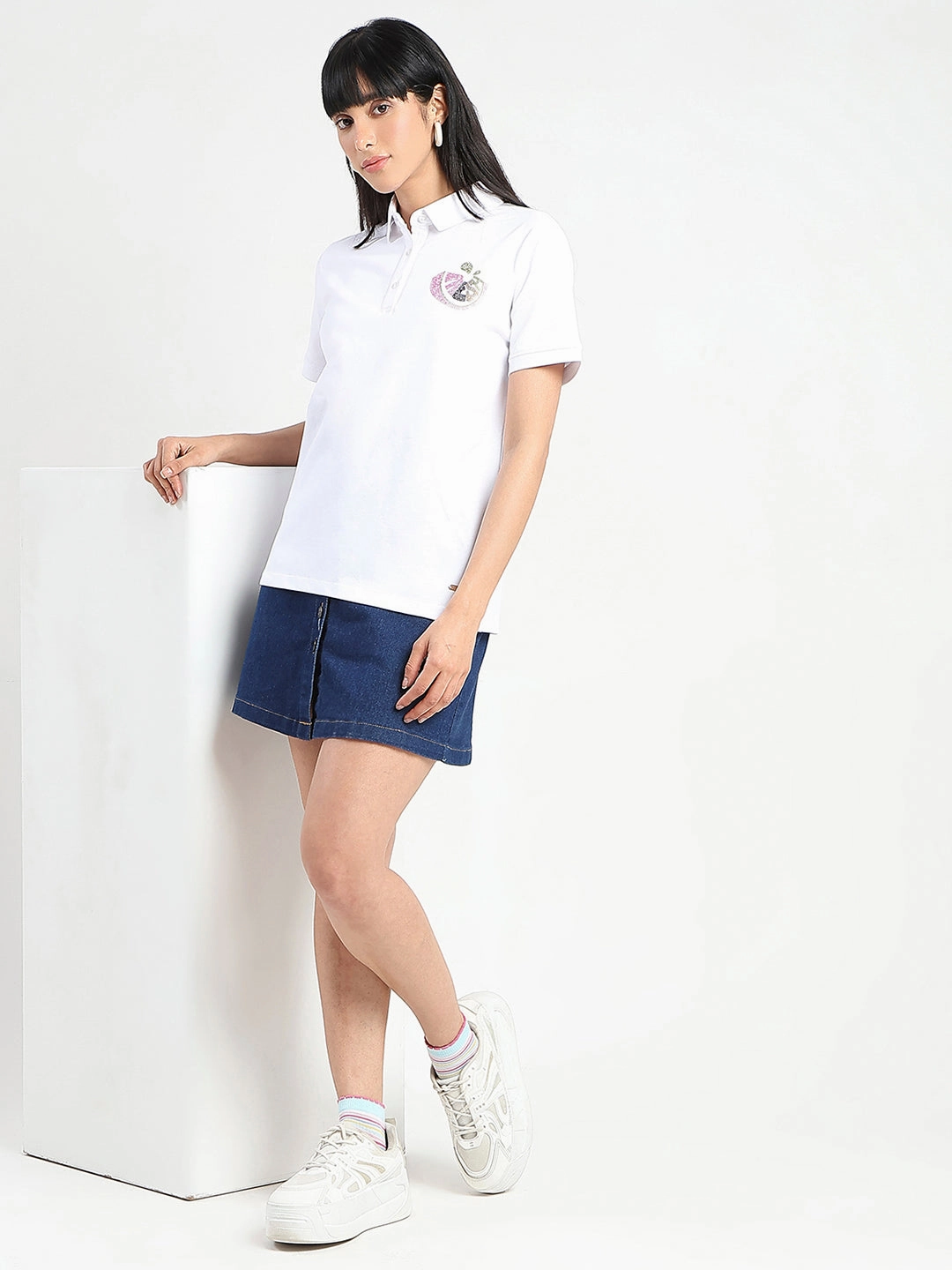 Madame Graphic Print Adorned Cotton Blend White Polo T-shirt Stretch Blouse