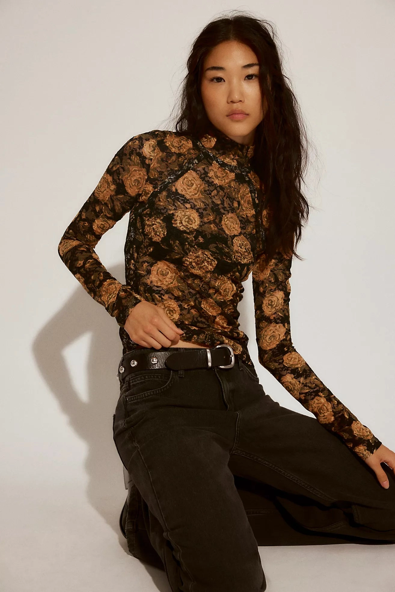 Graphic Art Lyric Sheer Lace Long Sleeve Turtleneck Top | Black Combo