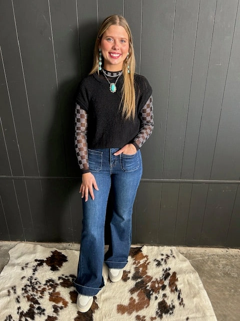 High Rise Flare Front Patch Pocket Dark Wash Jeans Eco Friendly Fabric