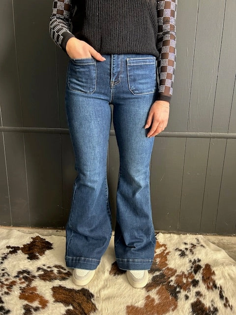 High Rise Flare Front Patch Pocket Dark Wash Jeans No Sagging Smooth Finish