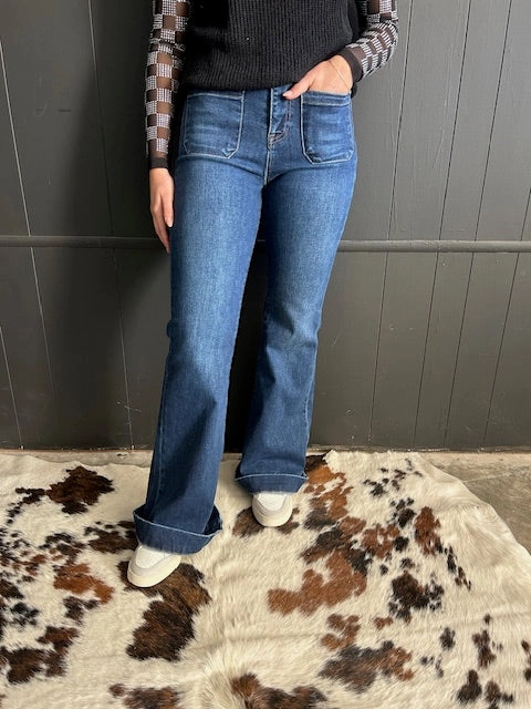 High Rise Flare Front Patch Pocket Dark Wash Jeans Slim Fit Wear