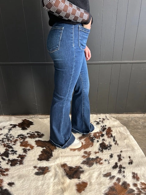 Cooling Fabric High Rise Flare Front Patch Pocket Dark Wash Jeans