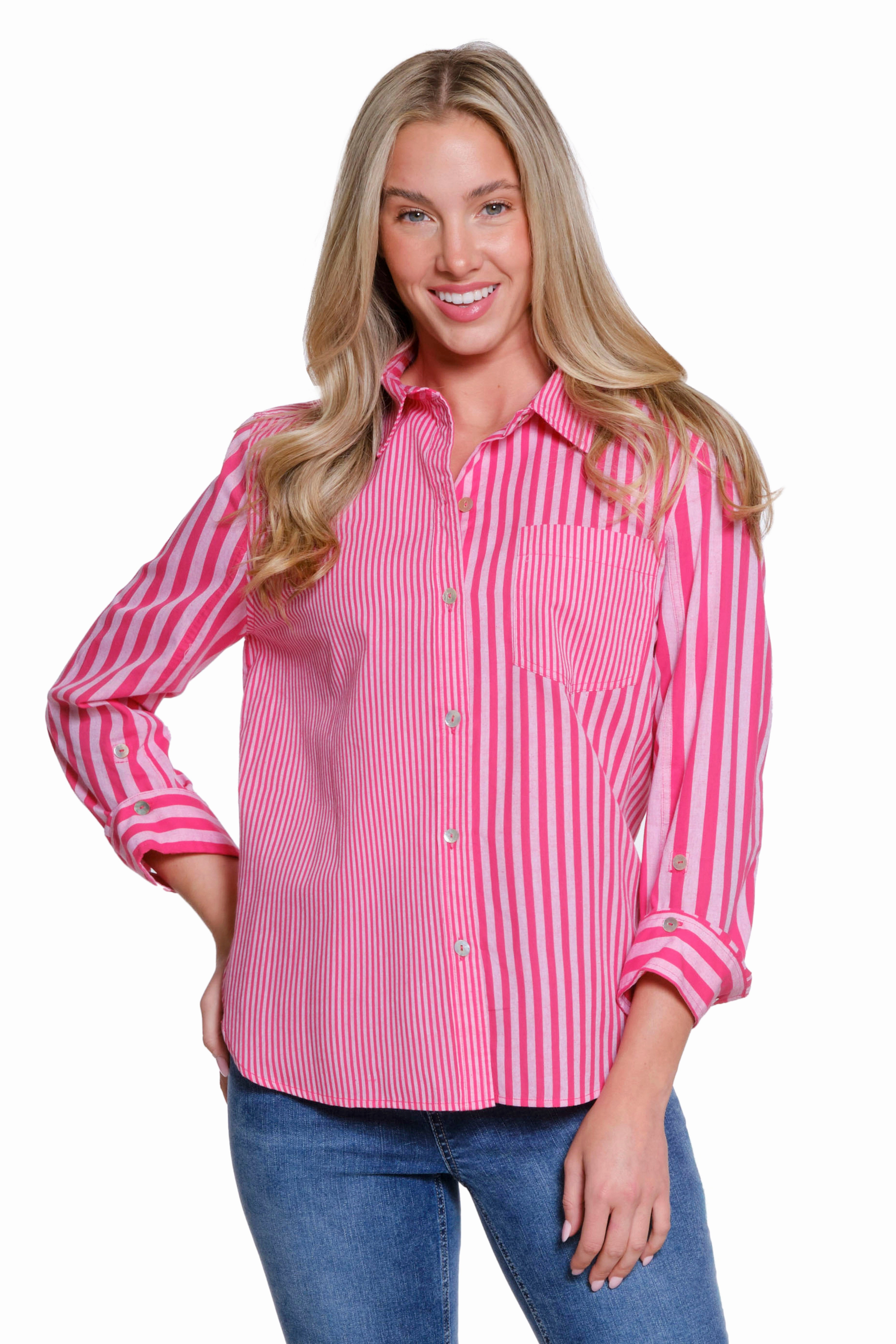 Mixed Stripe Button-Up Shirt - Pink Stripe AntiPillTreatment Comfortable Cut