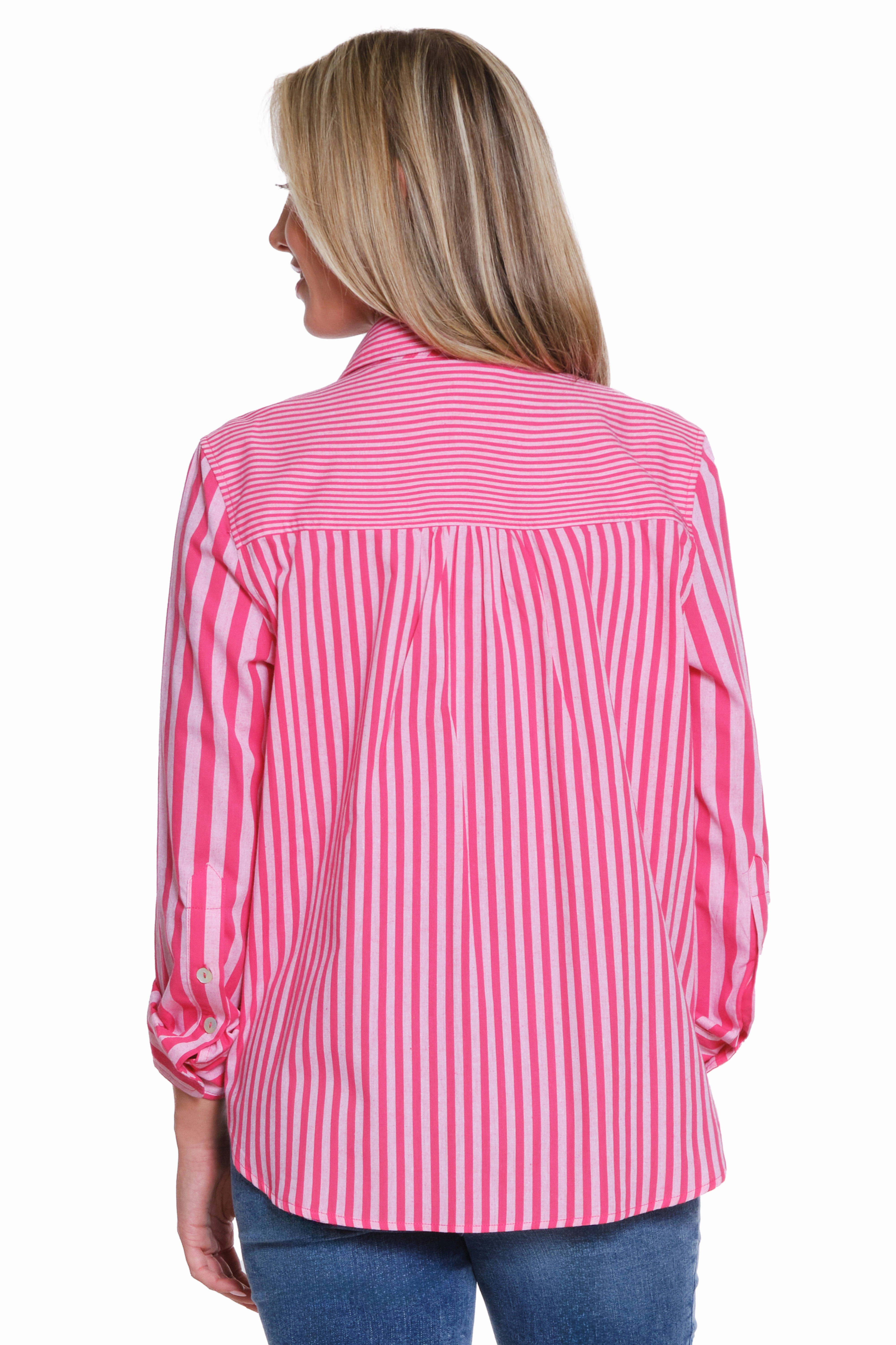 Mixed Stripe Button-Up Shirt - Pink Stripe Activewear Top VNeck Style