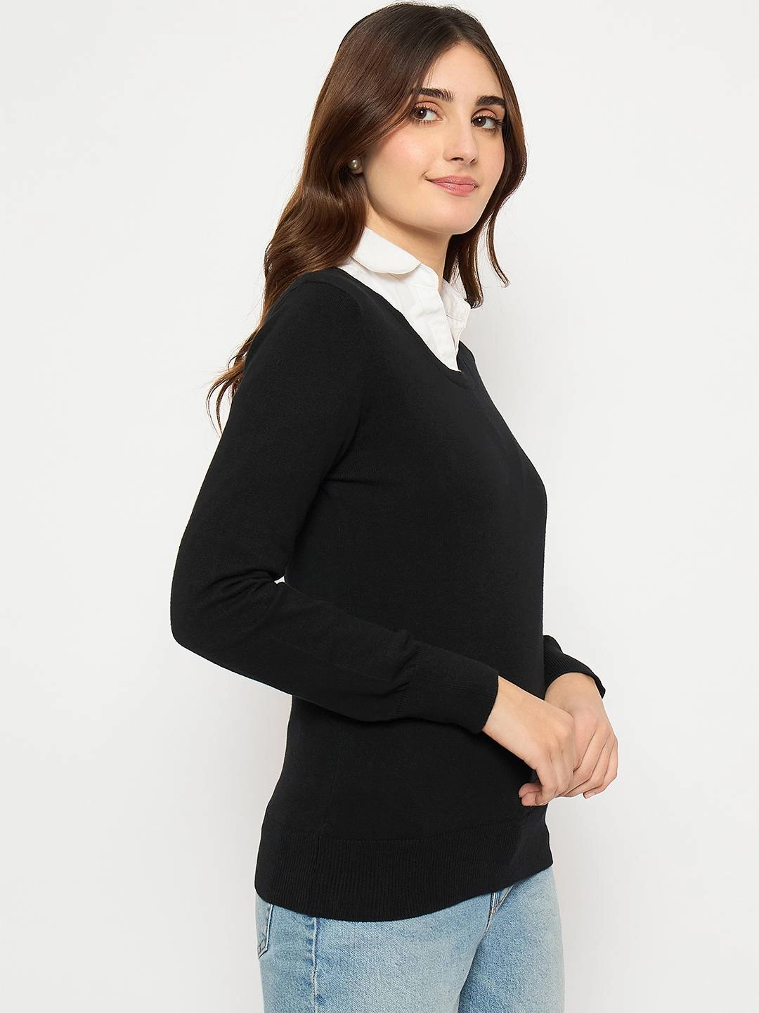 Everyday Comfort Layered Neckline Madame Round Neck Ribbed Cuff Black Sweater