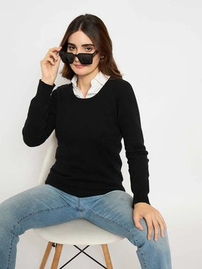 Madame Round Neck Ribbed Cuff Black Sweater Sophisticated Look