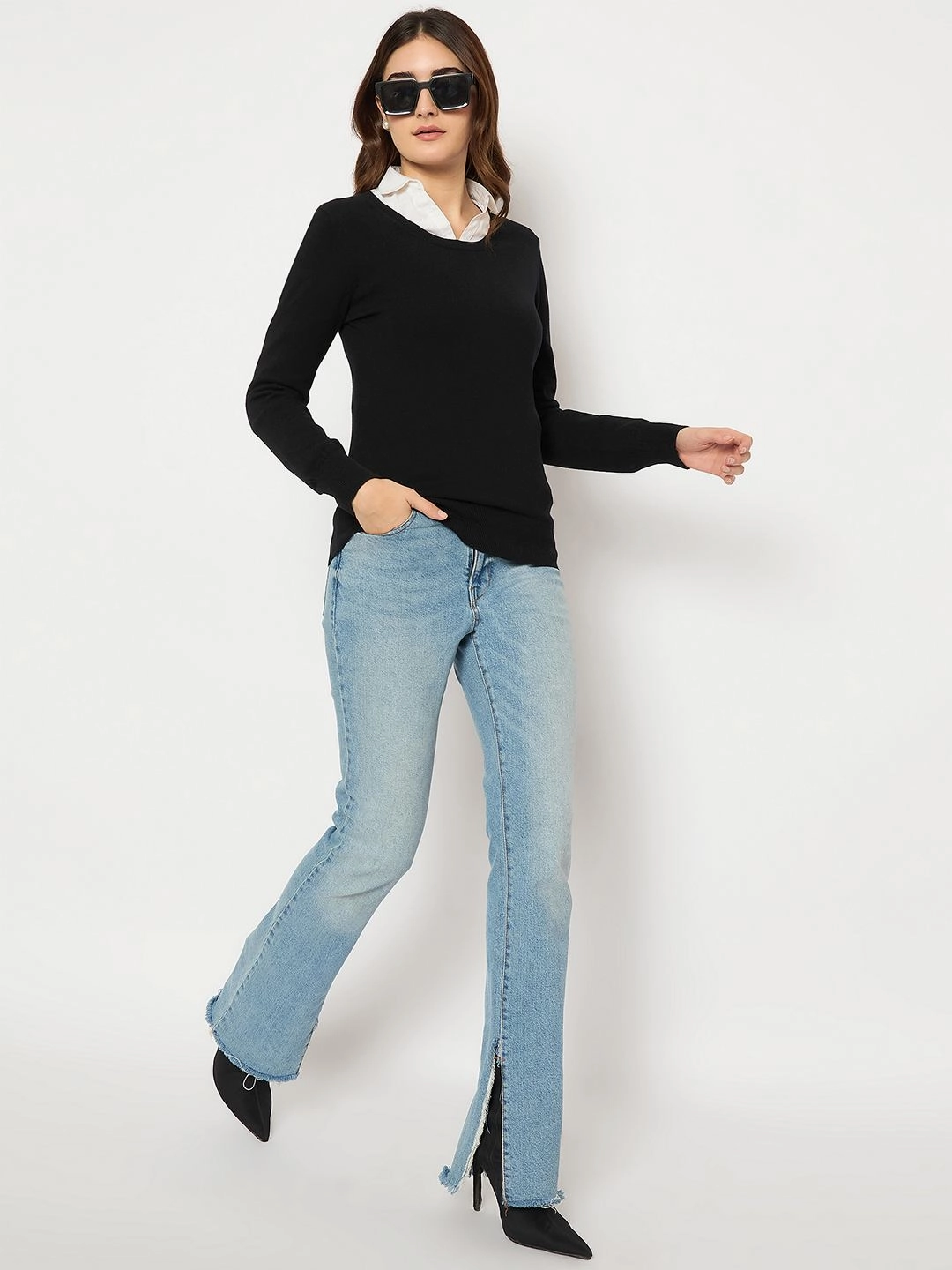 Madame Round Neck Ribbed Cuff Black Sweater Chill Ready hypoallergenic