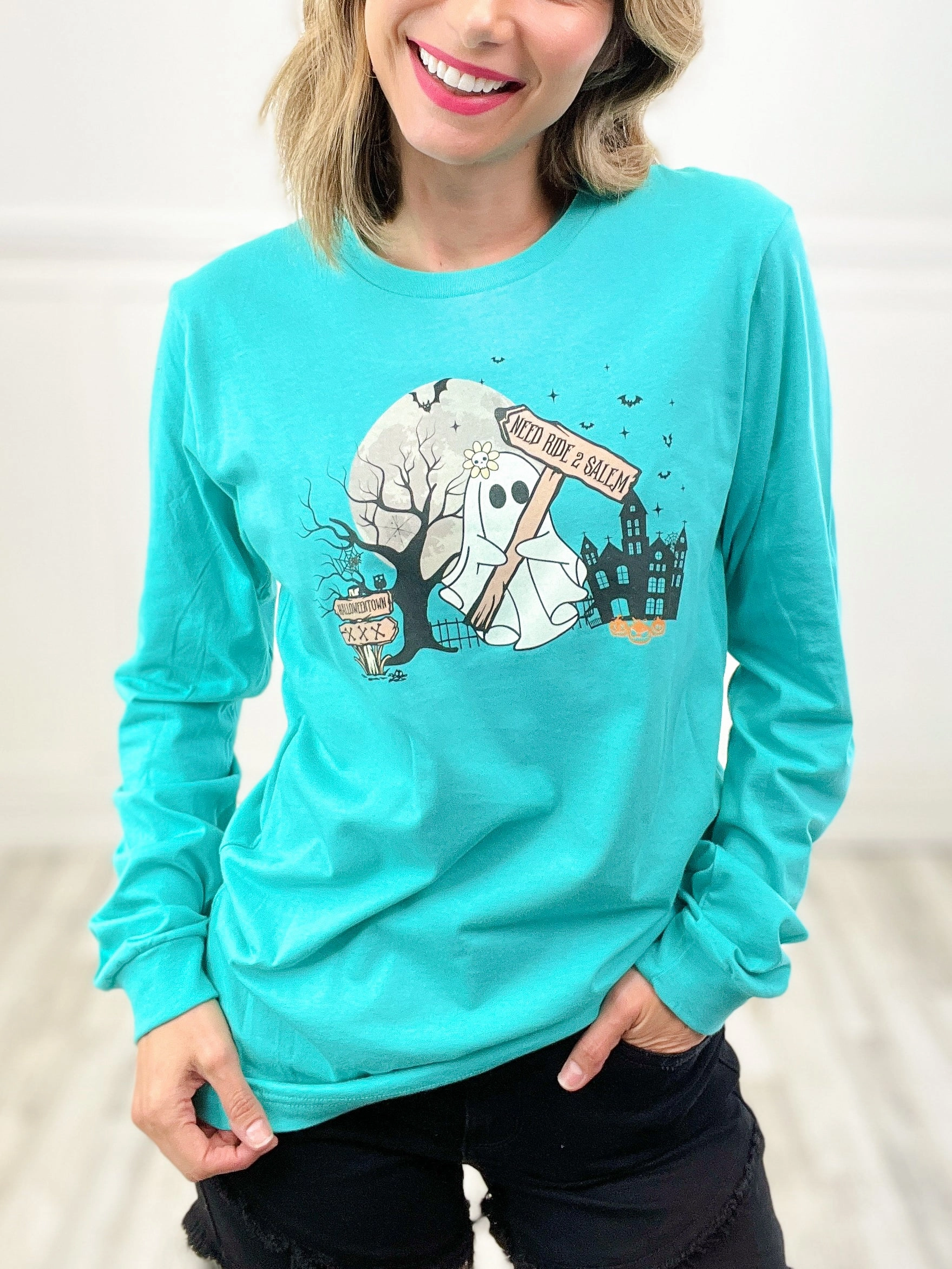 Stretch Weave Construction Ride To Salem Ghost Long Sleeve Graphic Tee