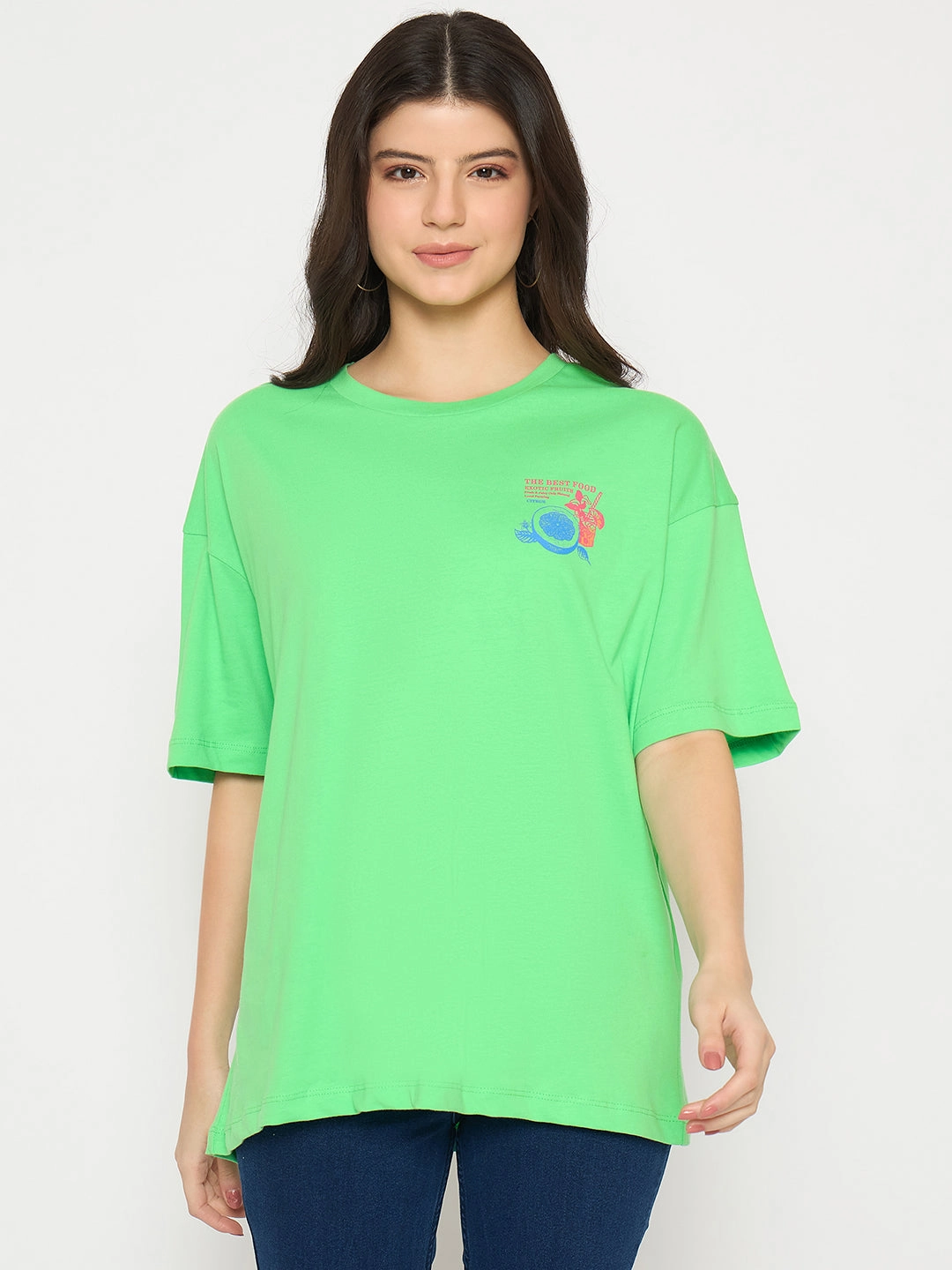 Madame Print Detailing Round Neck Green Cotton T-shirt Ventilated Side Panels AdvancedAirflowChannels