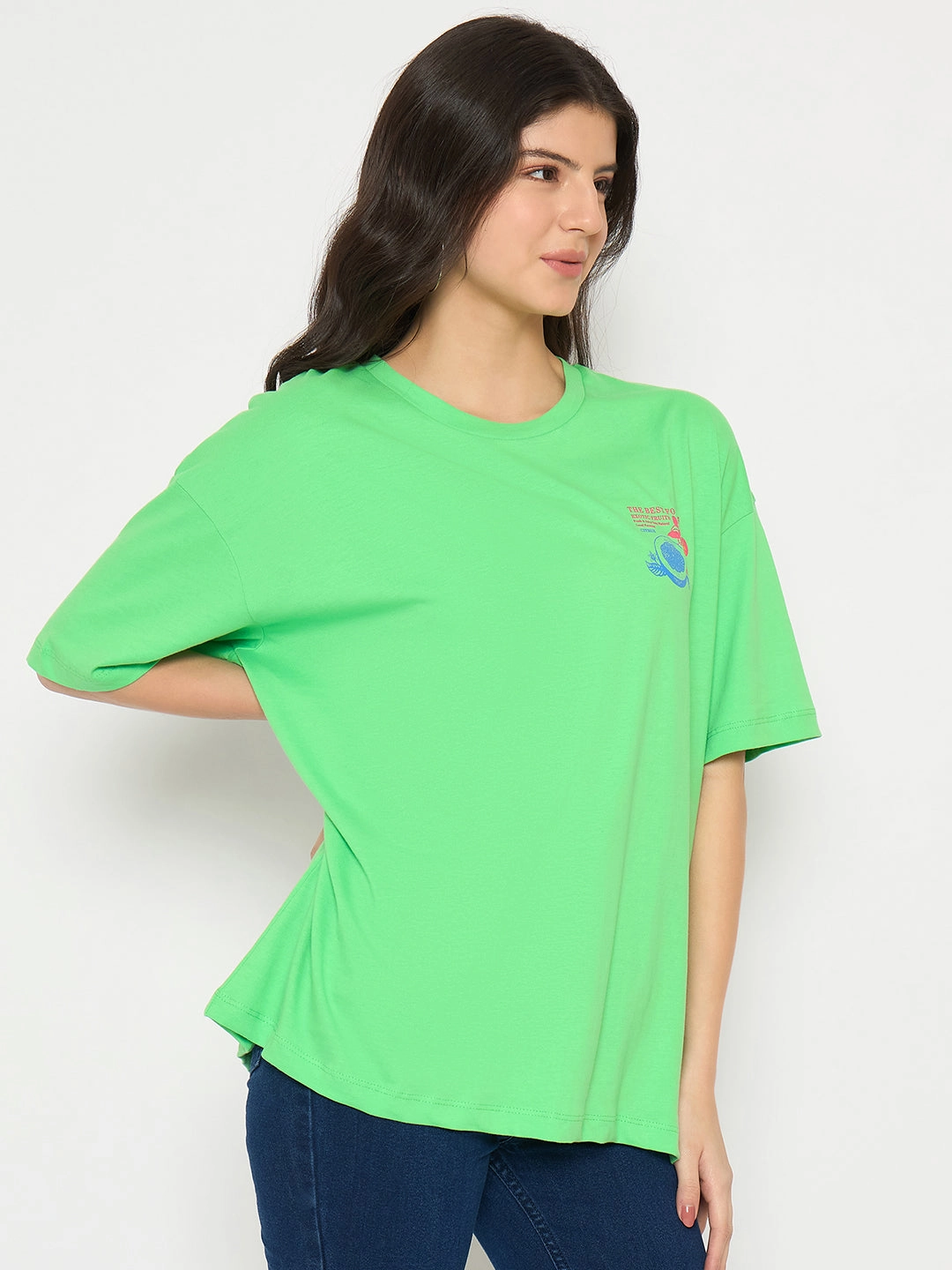 Temperature Control Technology Madame Print Detailing Round Neck Green Cotton T-shirt