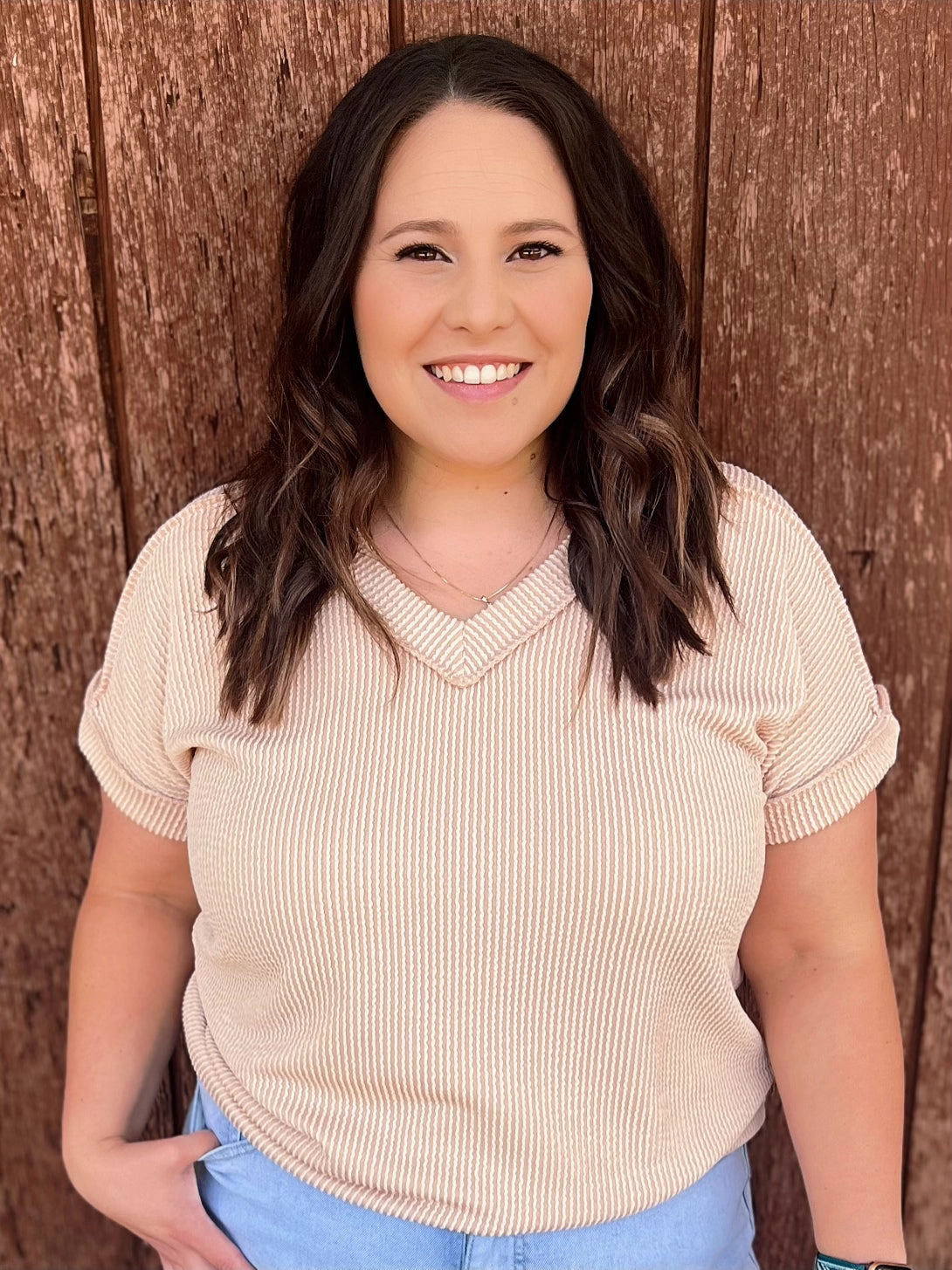 PLUS Room to Breath Taupe Ribbed Top* Classic Crew Neck