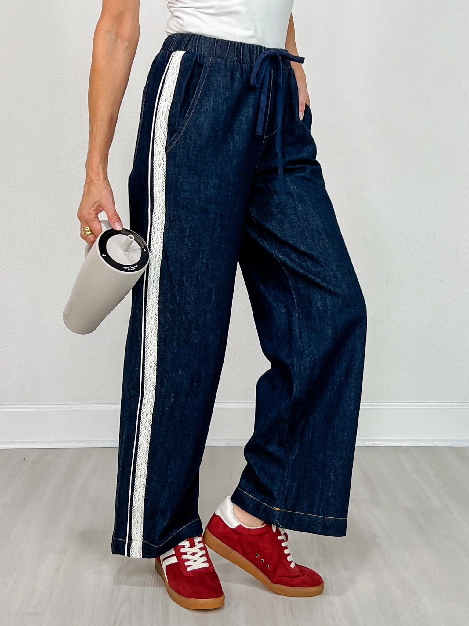 Wide Leg Pants With Side Lace Trim And Piping Layered Protection