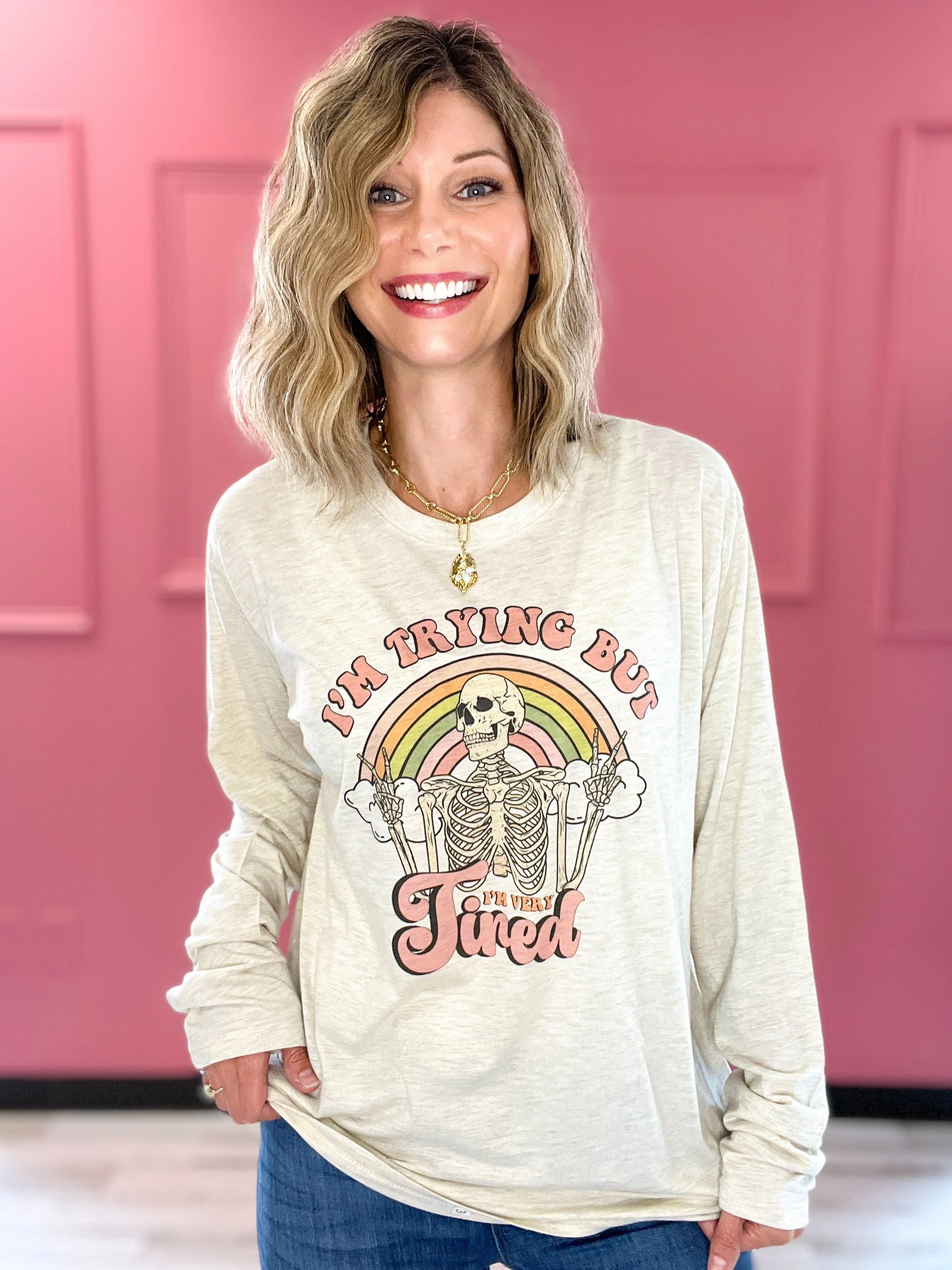 Light Deflection Fabric MidweightKnit I'm Trying But I'm Very Tired Long Sleeve Graphic Tee