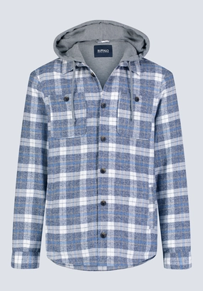 Jakeim Men's Plaid Hooded Shacket, Grey & Blue - BM24443 AllDay Comfort Design HoodedStyle