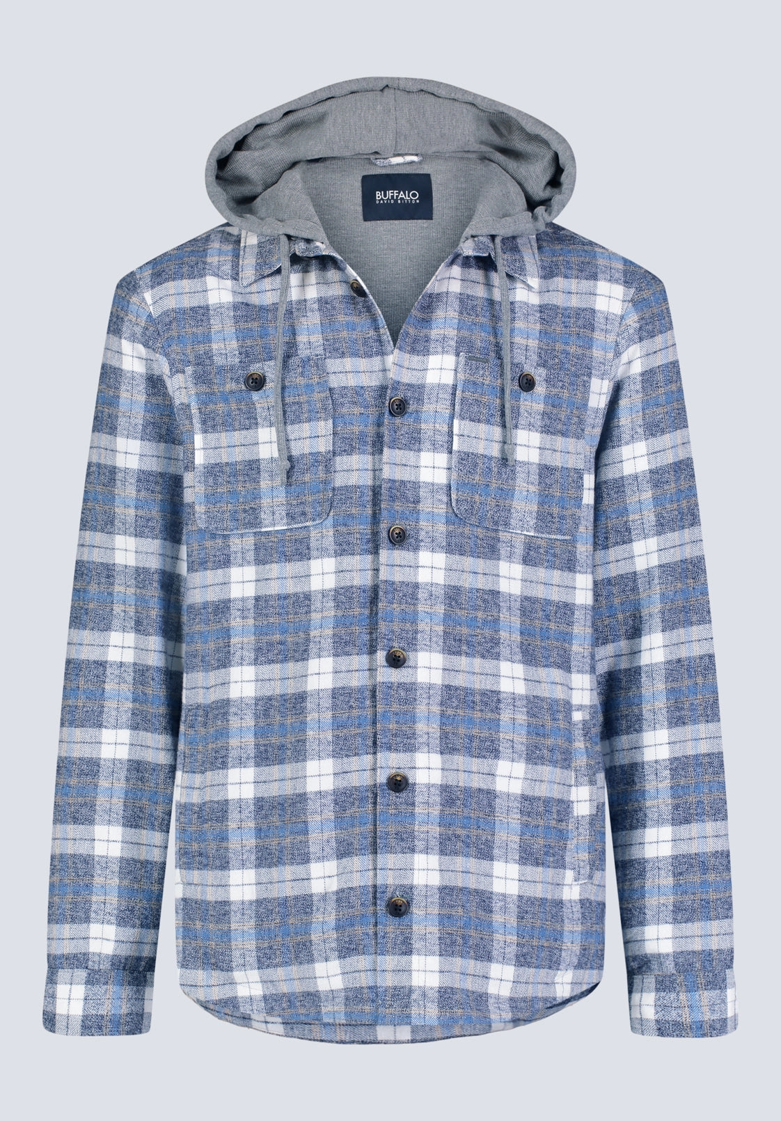 Jakeim Men's Plaid Hooded Shacket, Grey & Blue - BM24443 Quilted Interior Layer