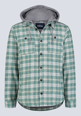 Sleek Comfort LightPadding Jakeim Men's Plaid Hooded Shacket, Grey & Green - BM24443