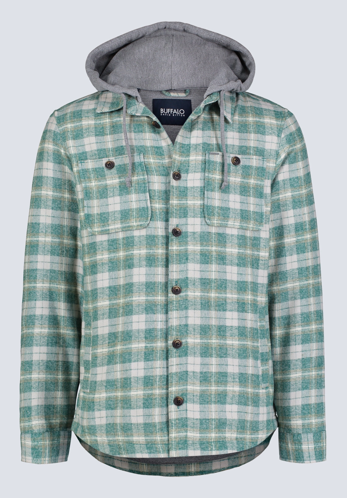 Sleek Comfort LightPadding Jakeim Men's Plaid Hooded Shacket, Grey & Green - BM24443