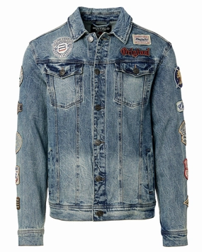 Crisp Weather Fit Joe Patched Men's Jean Jacket in Blue Vintage and Worn - BM22143