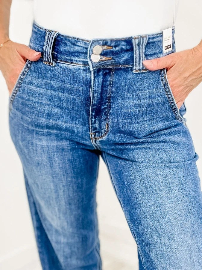 Travel Outfit Professional Wear Trendy Choice Judy Blue DOUBLE DOWN High Waist Double Button Wide Leg Jeans