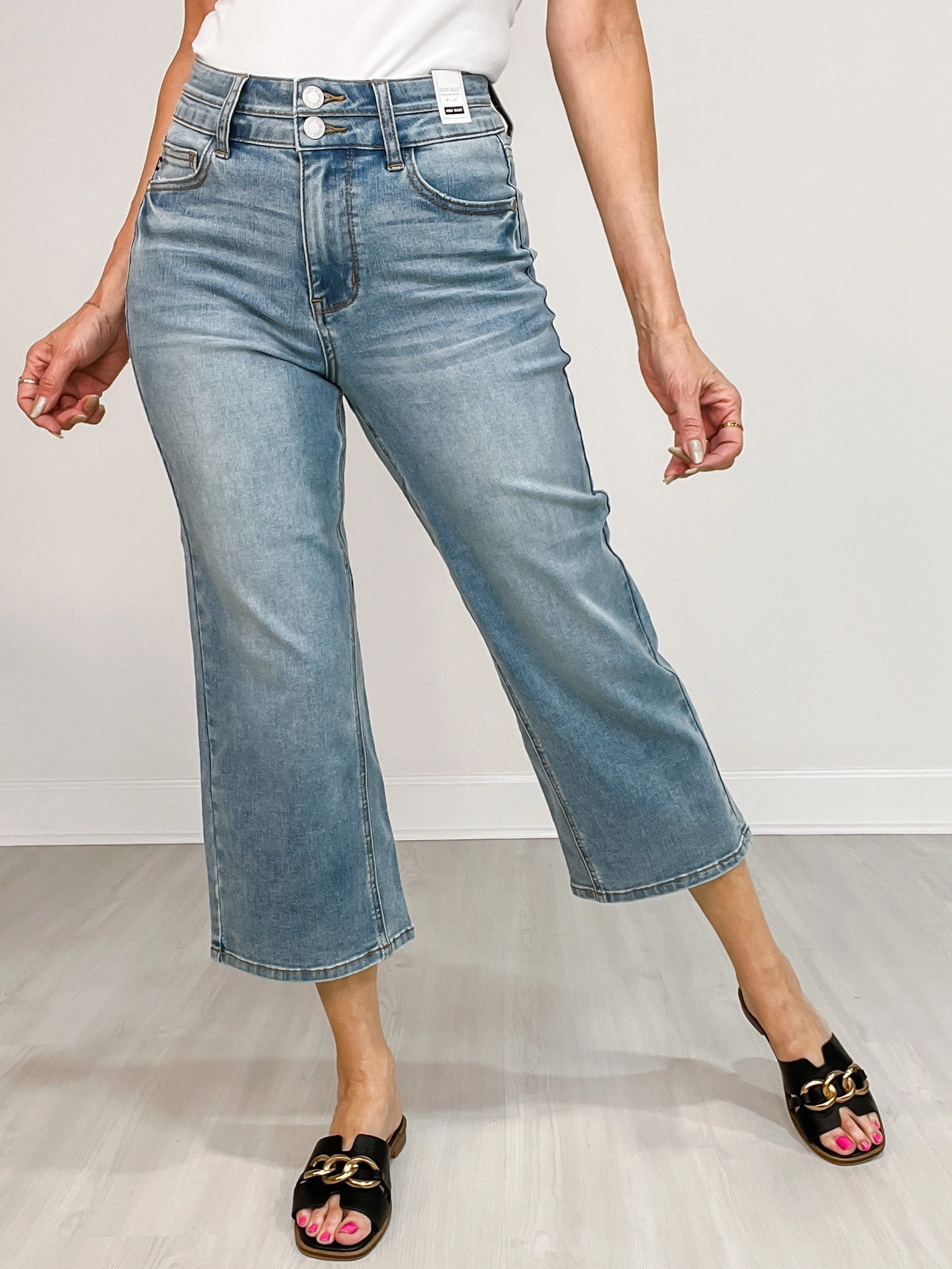 Judy Blue EDEN Hi-Rise Double Waistband Crop Wide Leg Denim Jeans Flat Lock Stitching