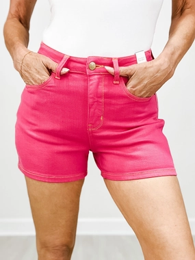 Judy Blue Hi-Rise Garment Dyed Magenta Shorts Brunch Outfit Summer Vibes Versatile Travel Outfit Chill Outfit Date Night