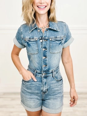 Tapered leg Judy Blue JOLENE High Waisted Short Sleeve Denim Shorts Romper