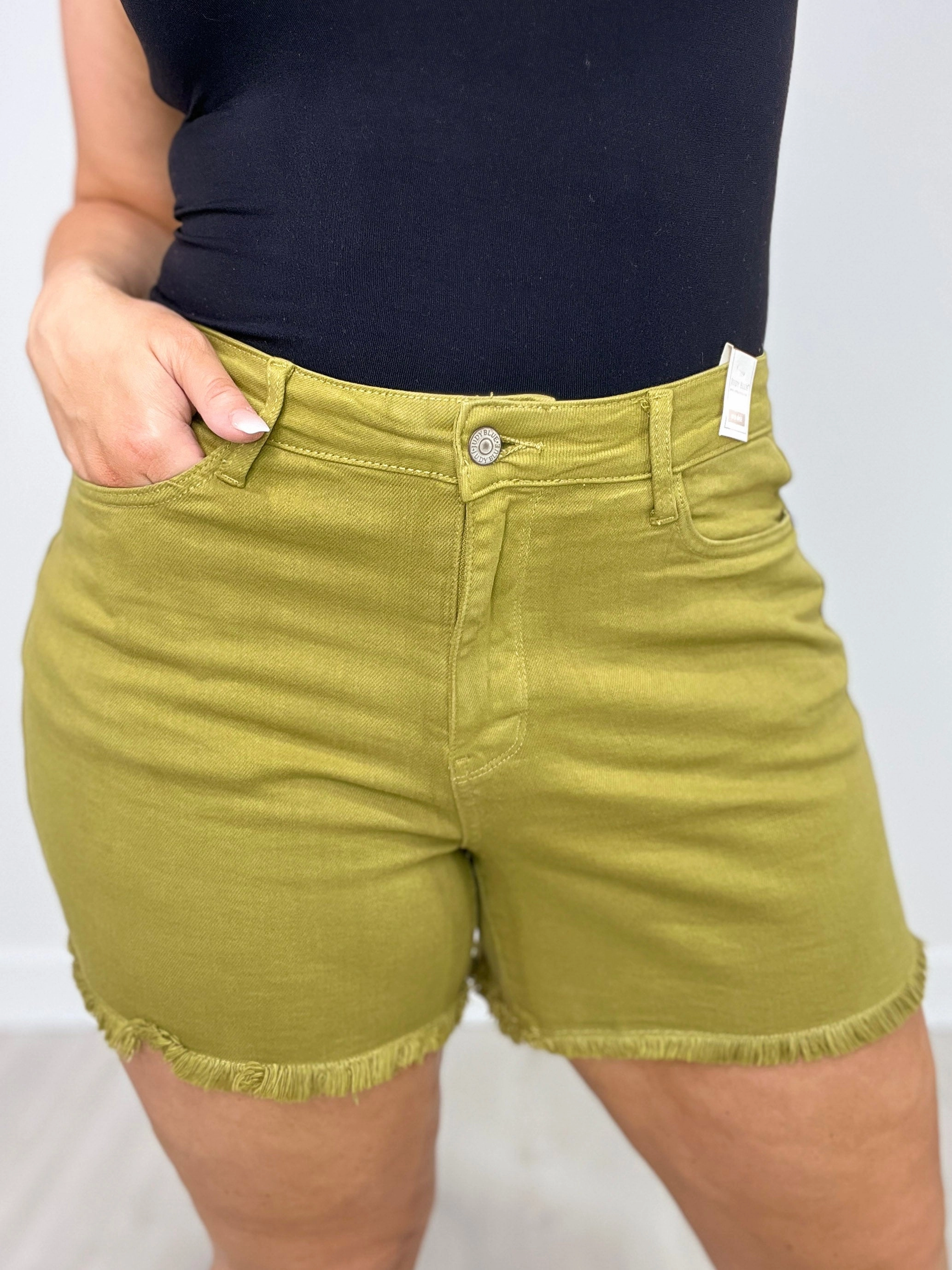 Judy Blue Mid-Rise MATCHA Garment Dyed Fray Hem Shorts Perfect Fit Design