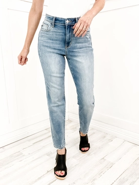 Move With Ease Judy Blue "Kasey" Hi-Waist Destroy & Back Hem Dart Slim Denim Jeans