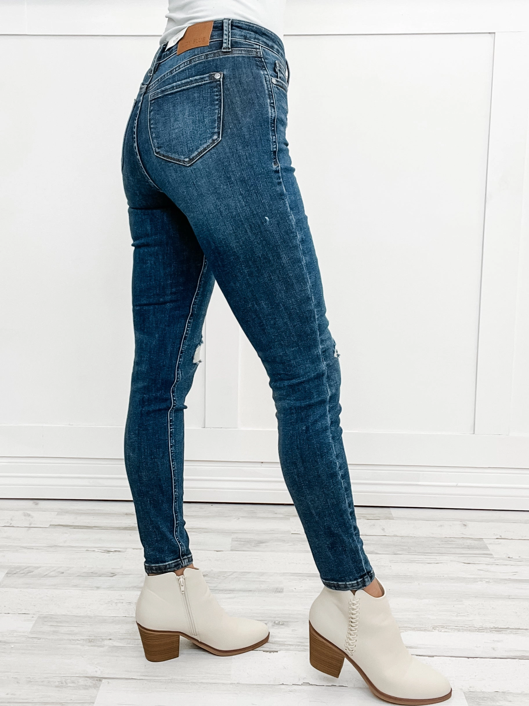 Smart Casual Judy Blue "KENNEDY" Mid Rise Tummy Control Distressed Skinny Denim Jeans