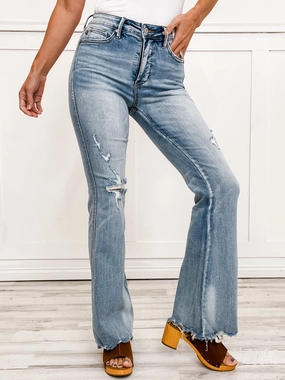 City Walk Autumn Days Lightweight Judy Blue REBEL Mid-Rise Tummy Control Distressed Flare Jeans